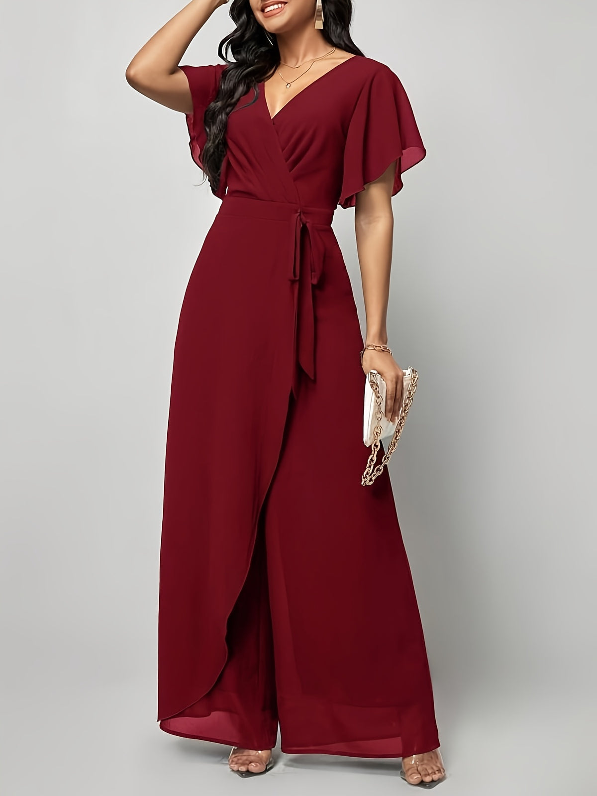 Puff Sleeve Tie-Up Jumpsuit - Deep Red