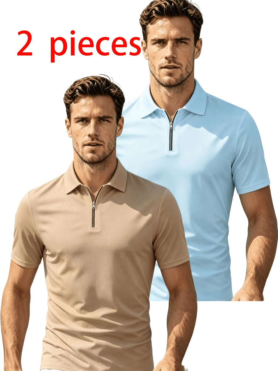 2pcs Men'S Short Sleeve Casual Athletic Polo Shirt Set, Zipper Collar, Comfortable And Breathable, Original Design - Khaki with light blue