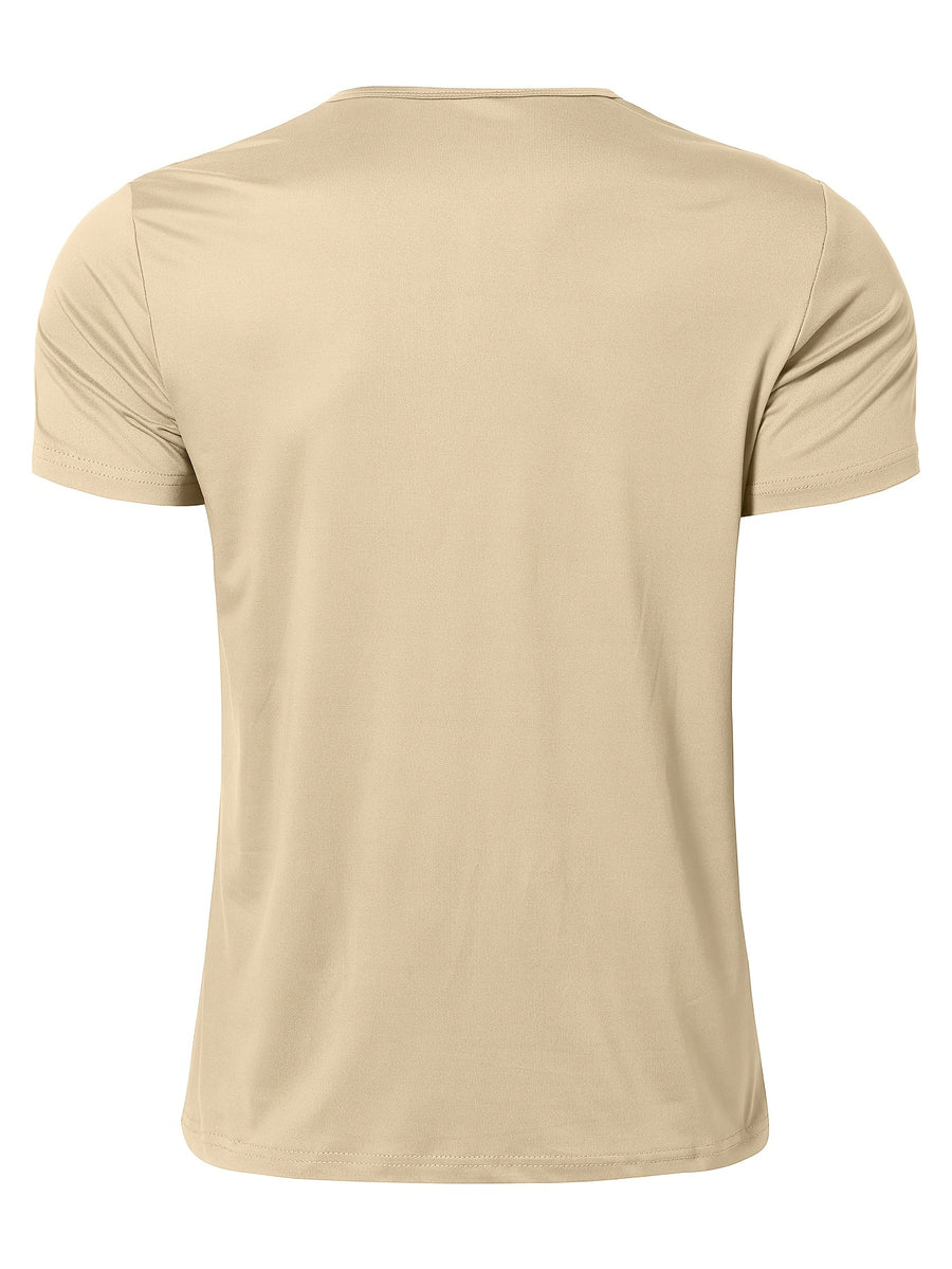 Men's Quick-Dry Moisture-Wicking Henley Shirt - Lightweight Breathable Stretch V-Neck Button-Front Collar T-Shirt Suitable for Gym, Outdoor, & Casual Wear, Solid Color Short Sleeve for Daily Activities & Summer Training (Machine Washable) - Khaki