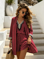 Linen Fabric, Not Pure Linen, New Summer Women's Set, Bohemian Style Linen 3pcs Set: V-Neck Fringe Embroidered Vest + Casual Shorts + Breathable Cardigan Set, Loose Fit Beach Vacation Casual Set, Elegant Commuter 3pcs Set - Red