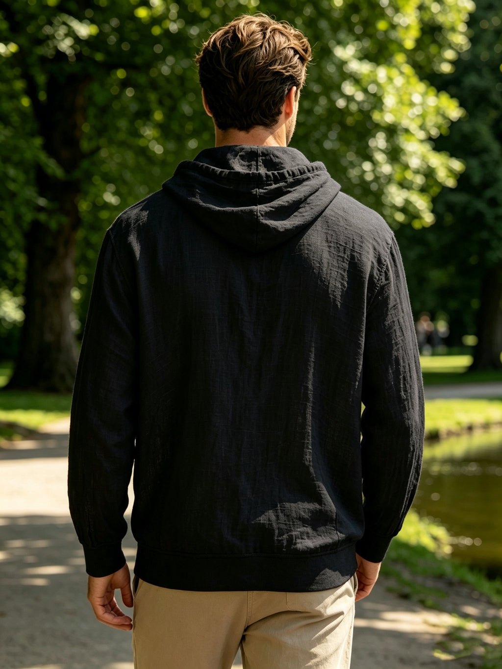 Spring And Autumn Men'S Casual Hooded Shirt, Long Sleeve Shirt, Solid Color Minimalist, Trendy And Versatile, Lightweight And Breathable, Suitable for Beach Vacation, Travel, And Daily Wear - Black
