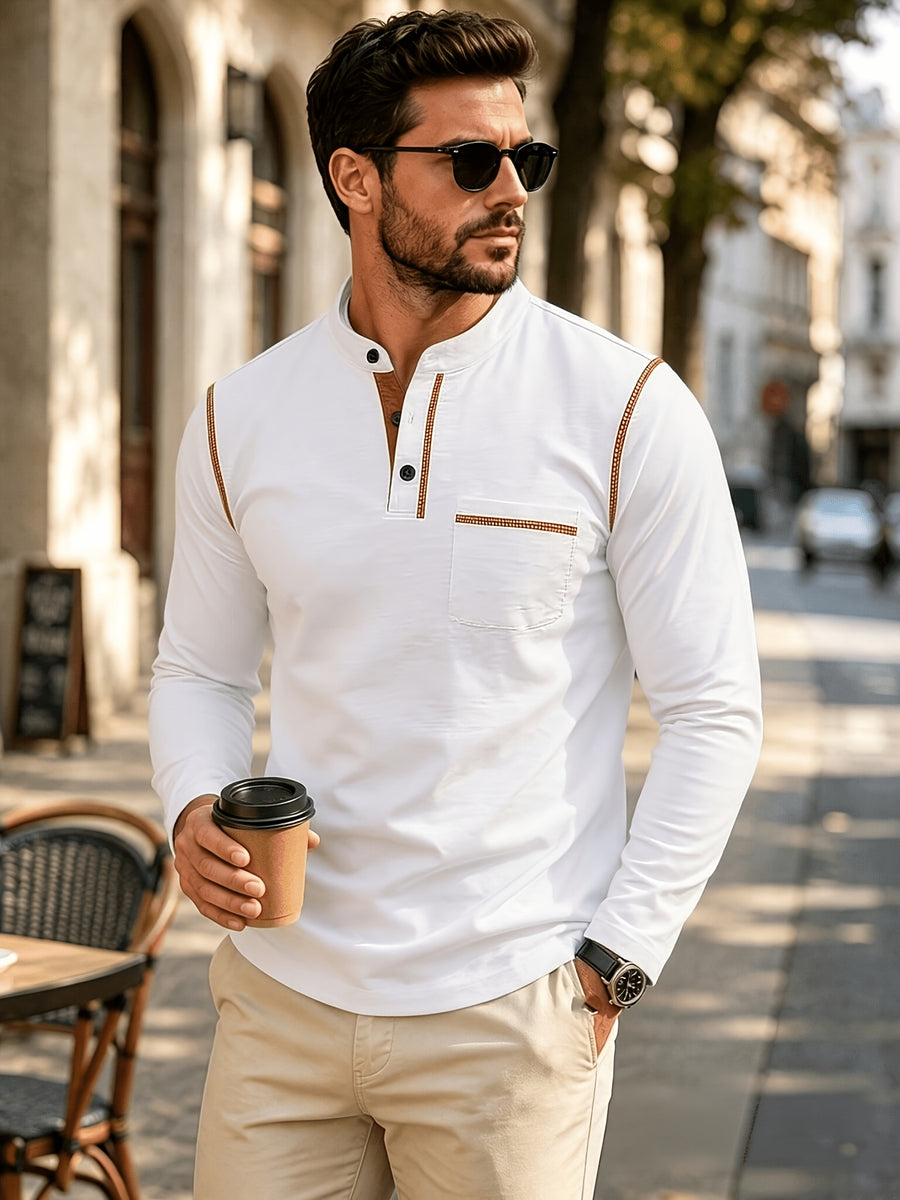 1pc Men'S Long Sleeve Henley Shirt, Stand Collar Slim Fit Casual Top, Solid Color Micro-Elastic Machine Washable Fabric, Contrast Stitching, Pocket Design Suitable for Early Autumn, for Daily, Travel, Dates - White