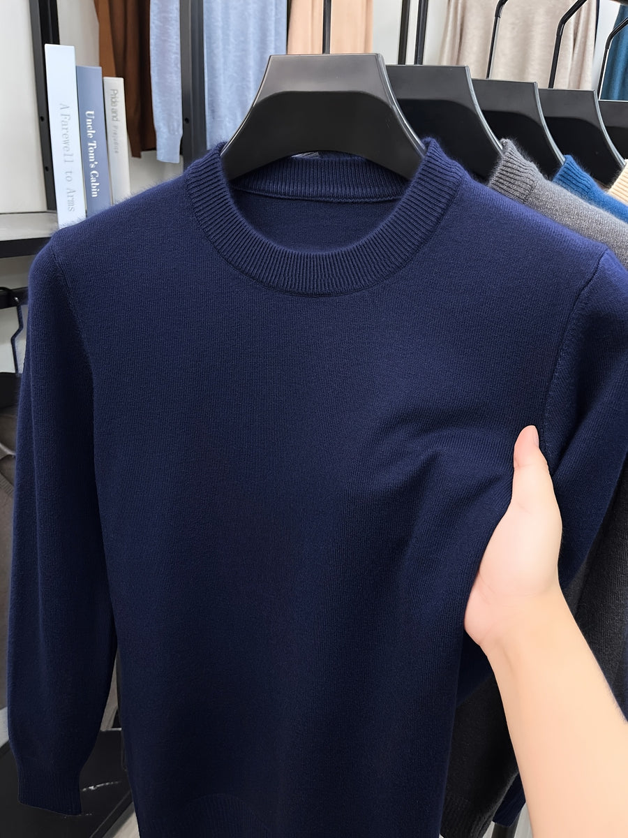 [Wading Whale OBM] 1pc Spring/Autumn New Men'S Knit Pullover Sweater, Old Money Style Solid Color Striped Round Neck Long Sleeve Knit Pullover for Men, Business Casual Fashion Striped Sweater, Suitable for Spring, Autumn - Navy Color
