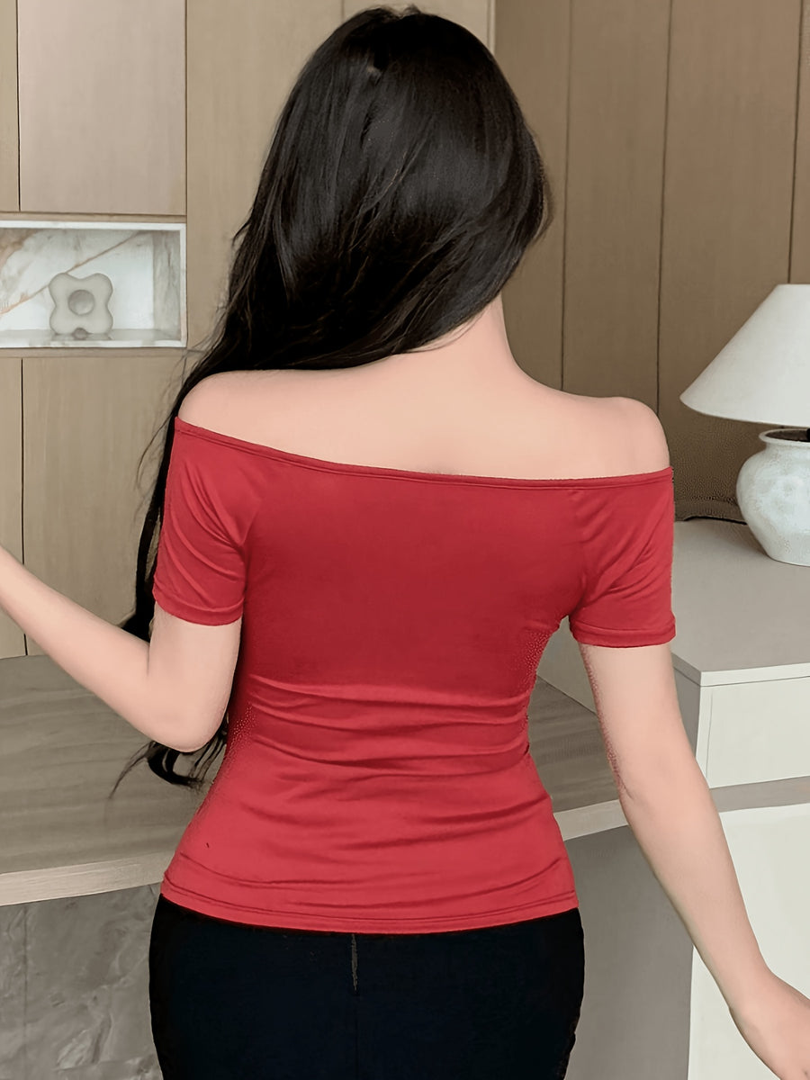 Front Deep V-crisscross Wrap, Back Off-the-shoulder Sleeveless Fitted Short-sleeve T-shirt - Watermelon Red