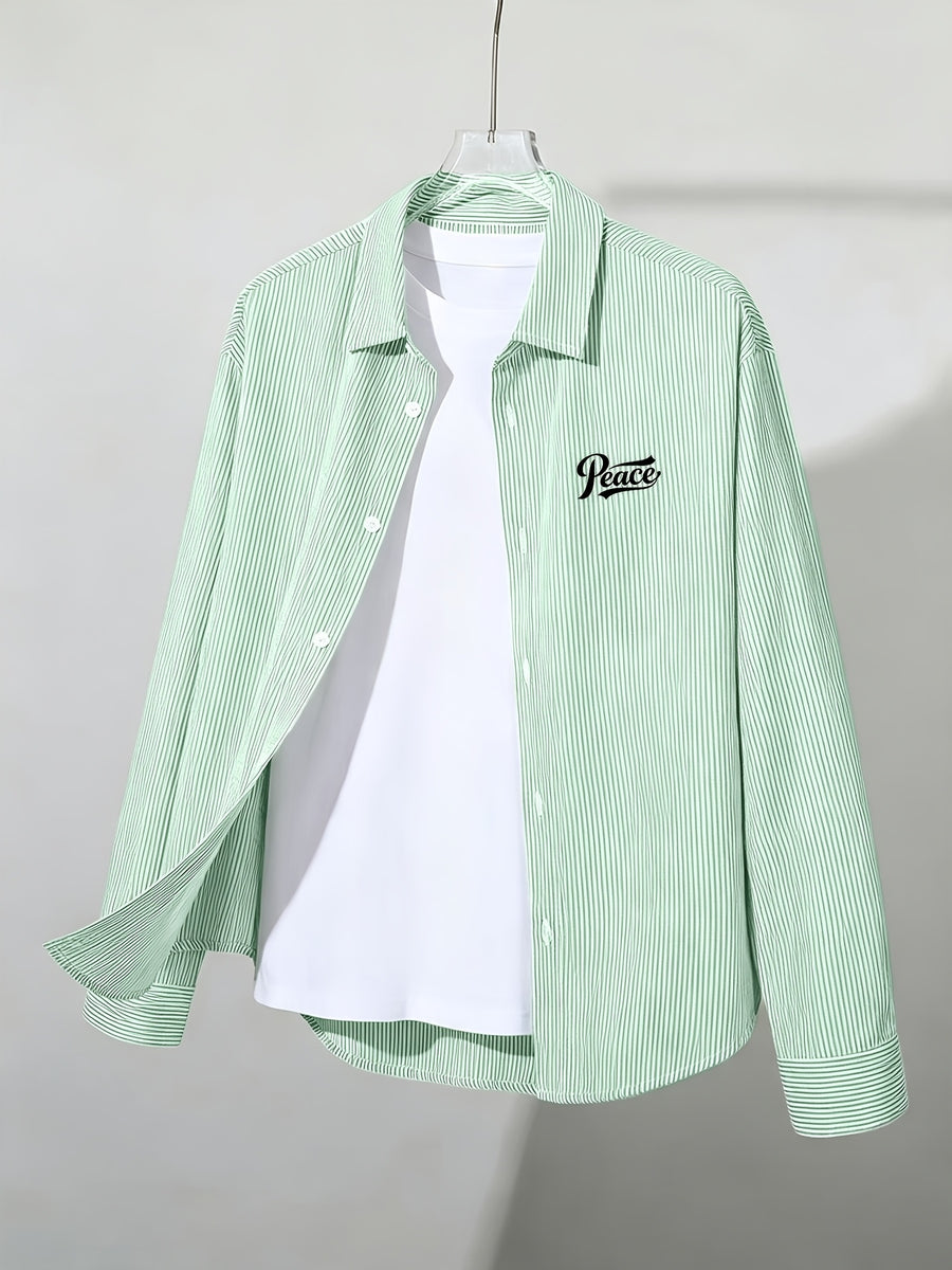 Spring/Autumn Thin All-Match Basic Letter Print Multi-Color Optional Long Sleeve Thin Striped Casual Outerwear Shirt - Light Green 02 Version