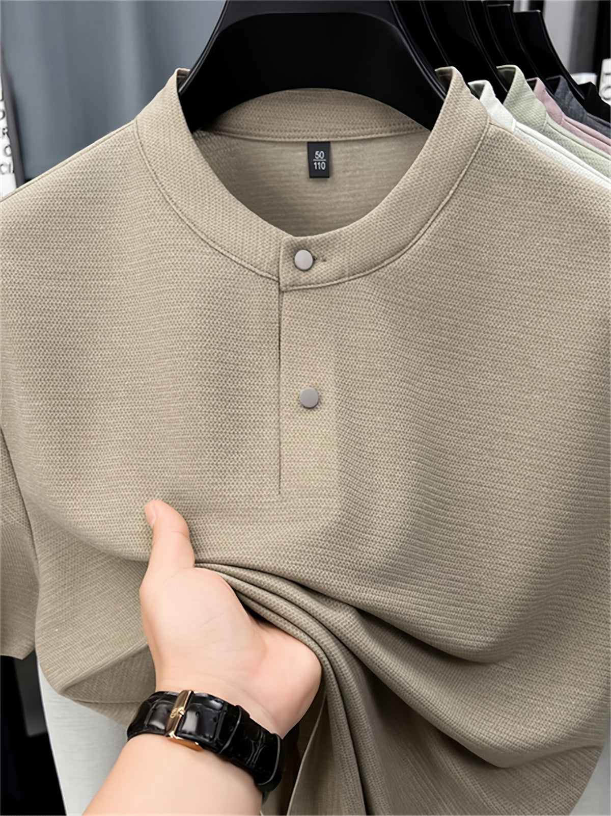 Men'S Henley Shirt Summer New Style, Solid Color Round Neck Top, Half-Button Placket, Button Closure Design, Layering with Thin Jacket, Versatile for Business Office, Golf Sports, Casual Outings, Short Trips, Father'S Day Gift, Men'S Gift - Khaki