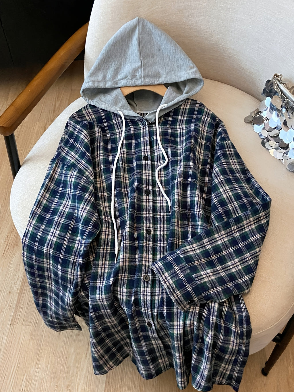 Plus Size, Spring Women's New Arrival Clothing, Autumn Women's Fashion Casual Wear, Plaid Hooded Long-Sleeve Shirt, Plus Size Women's Shirt, Oversized Top, Autumn Hooded Cardigan, Fashion Plaid Shirt, Korean Style Women's Clothing, Women's Winter - Navy Color