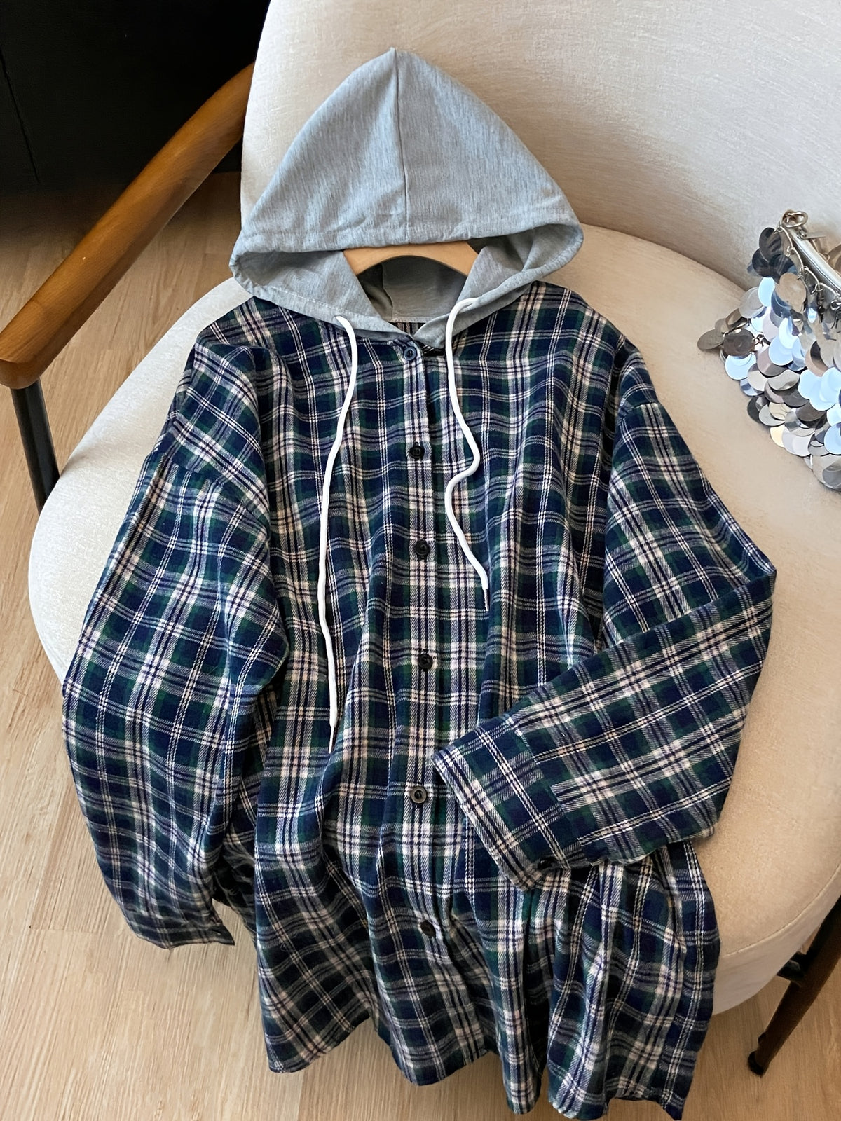 Plus Size, Spring Women's New Arrival Clothing, Autumn Women's Fashion Casual Wear, Plaid Hooded Long-Sleeve Shirt, Plus Size Women's Shirt, Oversized Top, Autumn Hooded Cardigan, Fashion Plaid Shirt, Korean Style Women's Clothing, Women's Winter - Navy Color