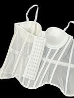 Elegant Mesh Sheer Fishbone Bustier, Tummy Control Shapewear Outerwear Elegant Tight Camisole Top, Stage Performance Strappy Top, Women'S Clothing - White