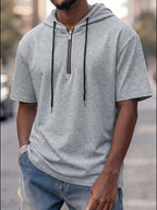 Pearson OBM Men's Casual Fashion Hooded Short Sleeve, Half-zipper Design, Drawstring Design, Soft and Comfortable Fabric, Durable and Practical, High-quality Men's Hoodies, Suitable for Casual Attire and Sports - Grey
