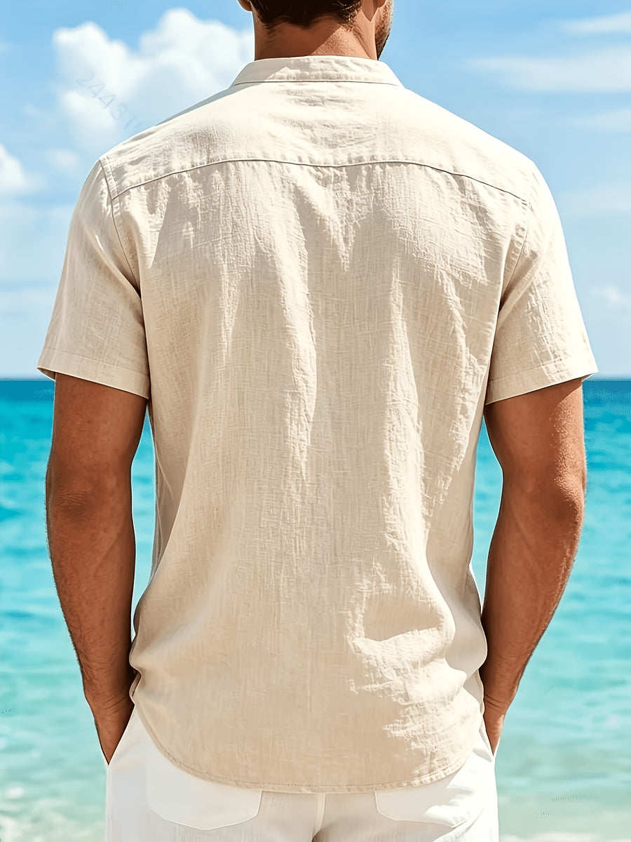 Men'S Fashion V-Neck Linen Breathable Comfortable Casual Short Sleeve Shirt - Apricot