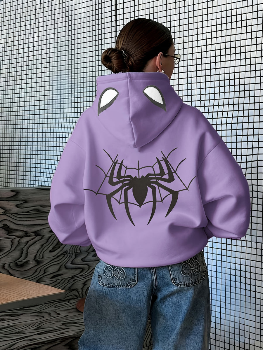 A Trendy Hooded Sweatshirt Featuring a Stylish and Versatile Spiderweb Print, Suitable for Autumn and Winter, Women's Clothing - Purple