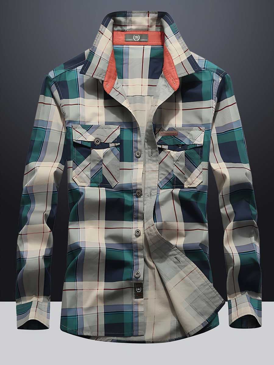 2026 Spring/Autumn New Style Lapel Checkered Short Shirt Men'S Trachten Shirt American Casual Men'S Trendy Fashion All-Match Outdoor Long Sleeve Shirt - Green Grid