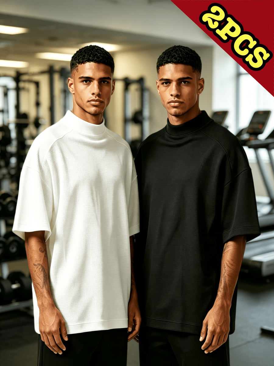Men's Waffle Knit T-Shirt 2pcs Set - Short-Sleeve Half-Turtleneck Base Layer & Outerwear, Loose Fit Round Neck Suitable for Summer, Machine Washable Solid Color Casual Shirts for Layering, Layered Outfits - Black+Light White