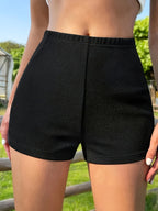 Women'S Solid Color Hollow High-Waist Shorts - Non-Sheer, All-Season Elegant Casual Wear, Suitable for Daily Wear, Office Commute, Home, Dates, Parties, Formal Attire | Fashion Women'S Mid-Length Shorts | Minimalist Style Trousers, Machine Washable - Black