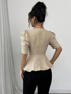 Women'S Summer Blouse, Square Neck, Short Sleeves, Slim Fit Waist, Fabric, Everyday Fashionable And Elegant Ruffle Top - Khaki