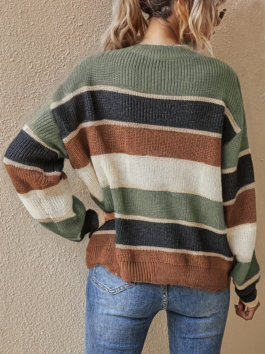 Women'S Color Block Striped Pullover Sweater - Cozy Long Sleeve Crew Neck, Loose Fit, Fall/Winter Casual Top with Green, Brown, and Beige Stripes, Casual Winter Wear | Relaxed Fit Top | Construction, Sweater Dress, Fall Clothe For Women, Fall Sweater For - Olive Green