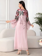 Women'S Tropical Plant Print Round Neck Long Sleeve Arab Style Dress - pink color