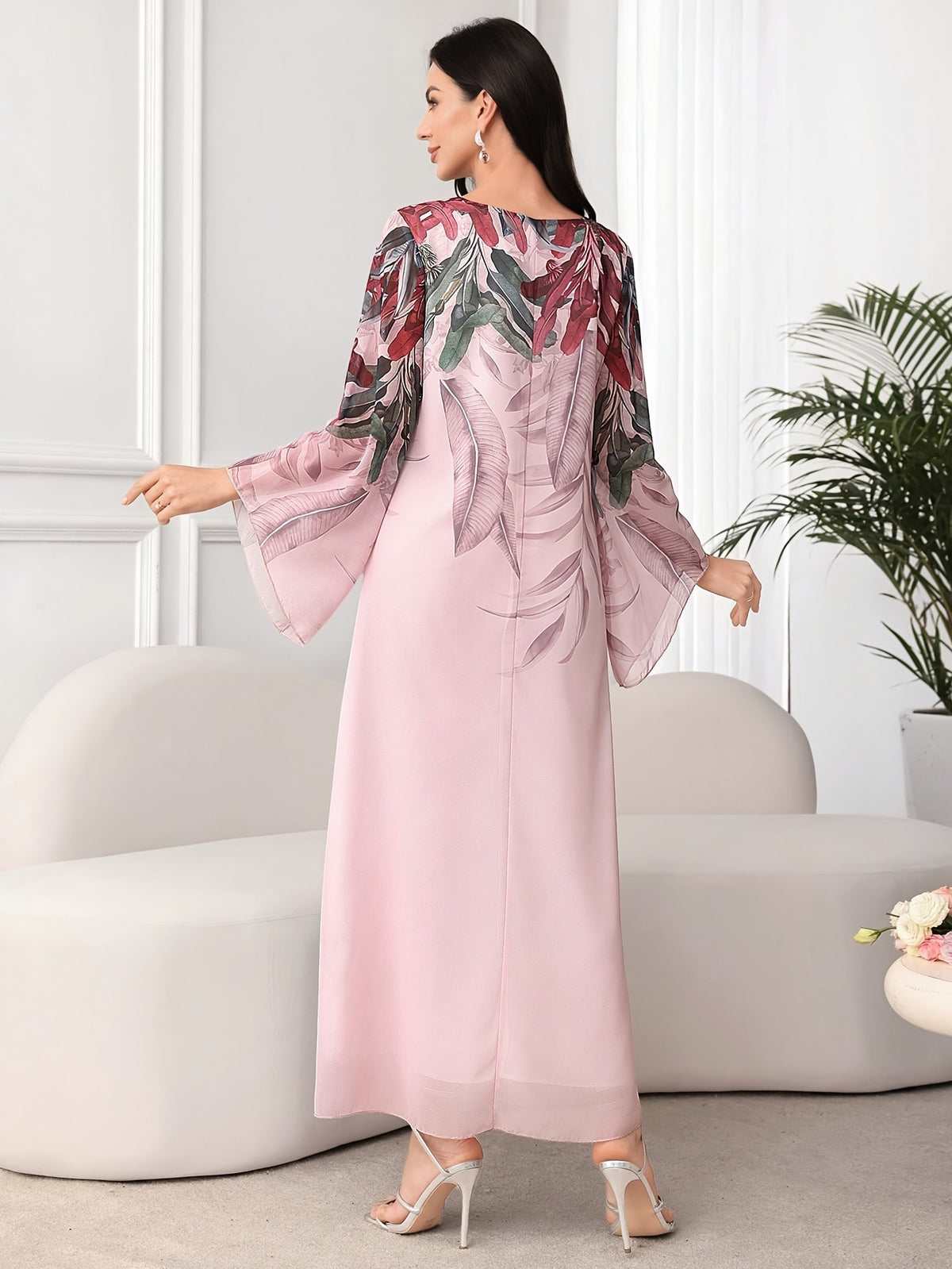 Women'S Tropical Plant Print Round Neck Long Sleeve Arab Style Dress - pink color