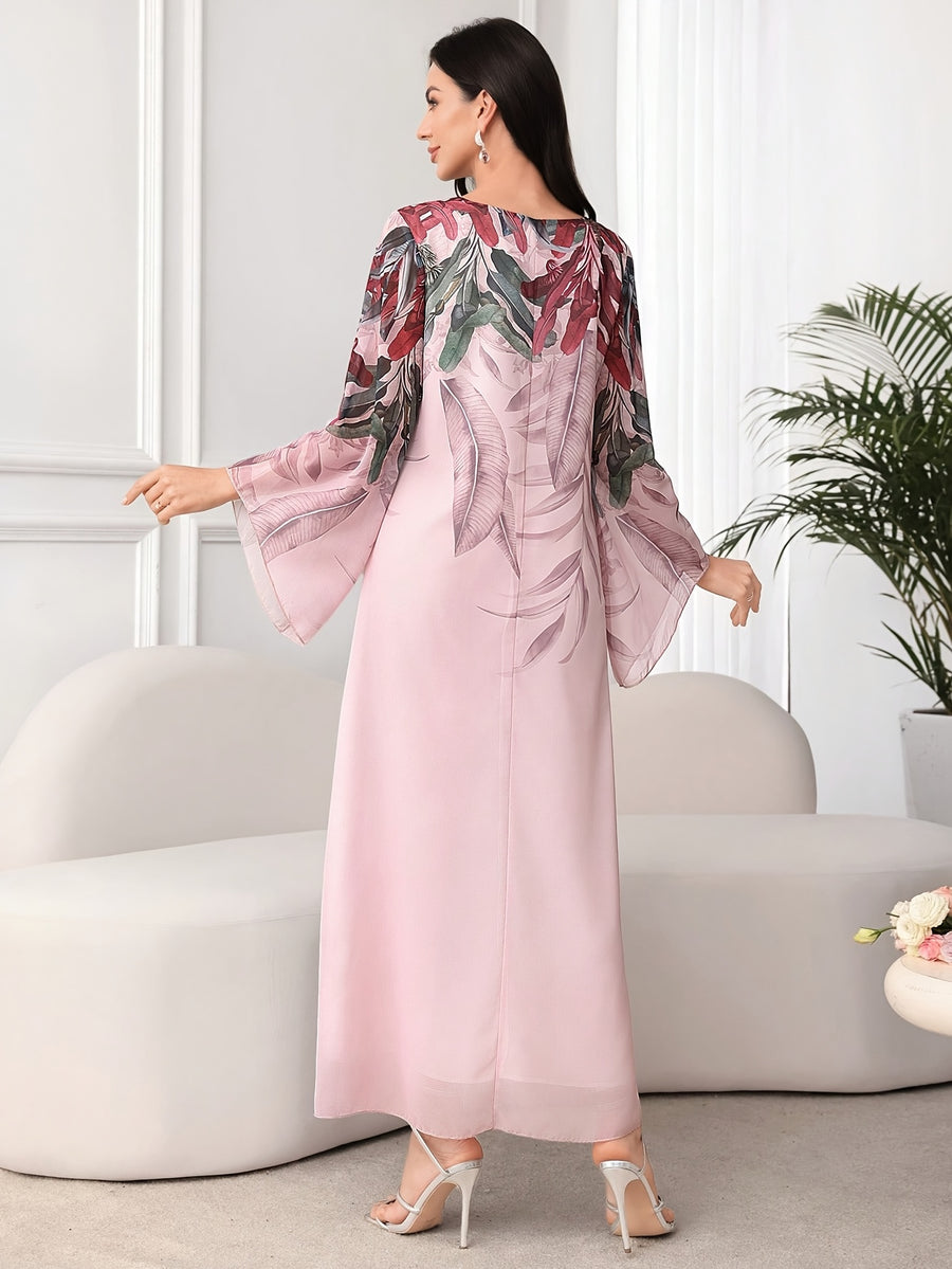 Women'S Tropical Plant Print Round Neck Long Sleeve Arab Style Dress - pink color