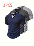 (Set of 3) Men'S Loose-Fitting Solid Color Henley Short-Sleeve, Round Neck Half-Button T-Shirt, Suitable for Outdoor Activities in Spring And Summer. - Navy Dark Gray Light Gray
