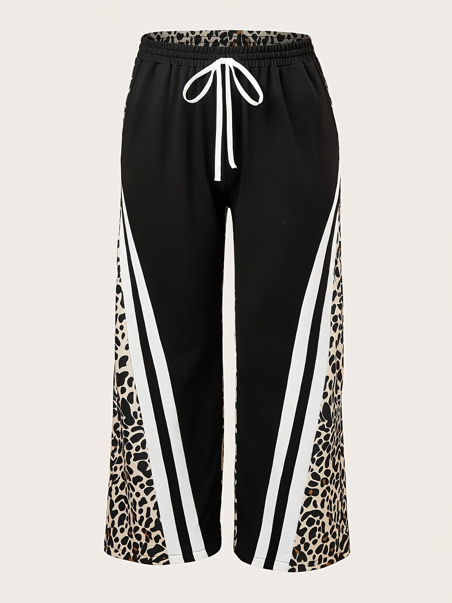 Women'S Striped Leopard Print Casual Fake Drawstring Pocket Pants - Black