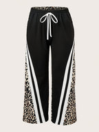 Women'S Striped Leopard Print Casual Fake Drawstring Pocket Pants - Black