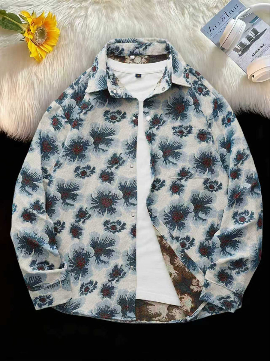 Men'S American Retro All-Over Floral Woven Teddy Bear Shirt Jacket, Men'S Autumn Premium Trendy Brand Bad Boy Influencer Casual Shirt - Blue Flower