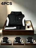 4pcs Set: 2026 Autumn/Winter Men's Street Style Hooded Sweatshirt with Diagonal Contrast Color Stripes on Sleeves, Long Sleeves, Adjustable Drawstring, Large Capacity Kangaroo Pocket for Phone, Skin-Friendly and Warm, Versatile Pullover Hoodie - Black + Black + Black + Black