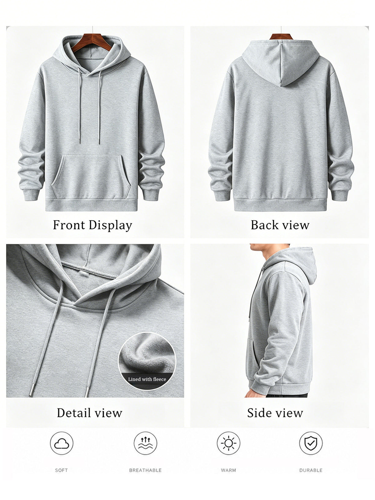 Men's Oversized Hooded Sweatshirt with NO Contrast Color Bold Letter Print, European and American Street Style Casual Sweatshirt - Light Grey