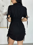 Women's Designer Black Drawstring Waist Shirt Dress - Black