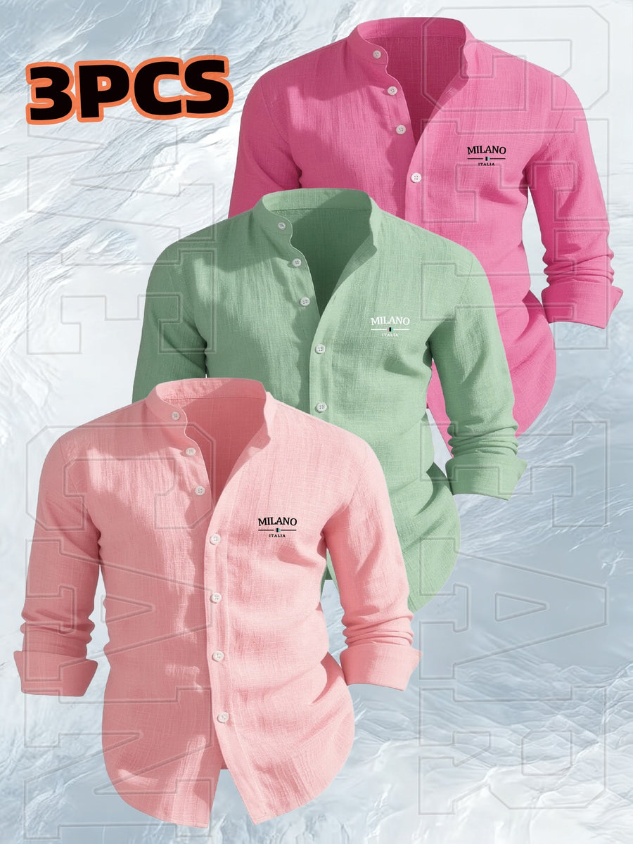 [Qiaoximei OBM] 3pcs Set, Men'S Clothing New Stand-Collar Solid Color Faux Linen Long Sleeve Shirt, Geometric Pattern Stand-Collar Easy Design, Spring Autumn Winter High-Quality Men'S Long Sleeve Stand-Collar Button-Up Shirt - Suitable for Outdoor L - Light Pink+Light Green+Lotus Root Pink