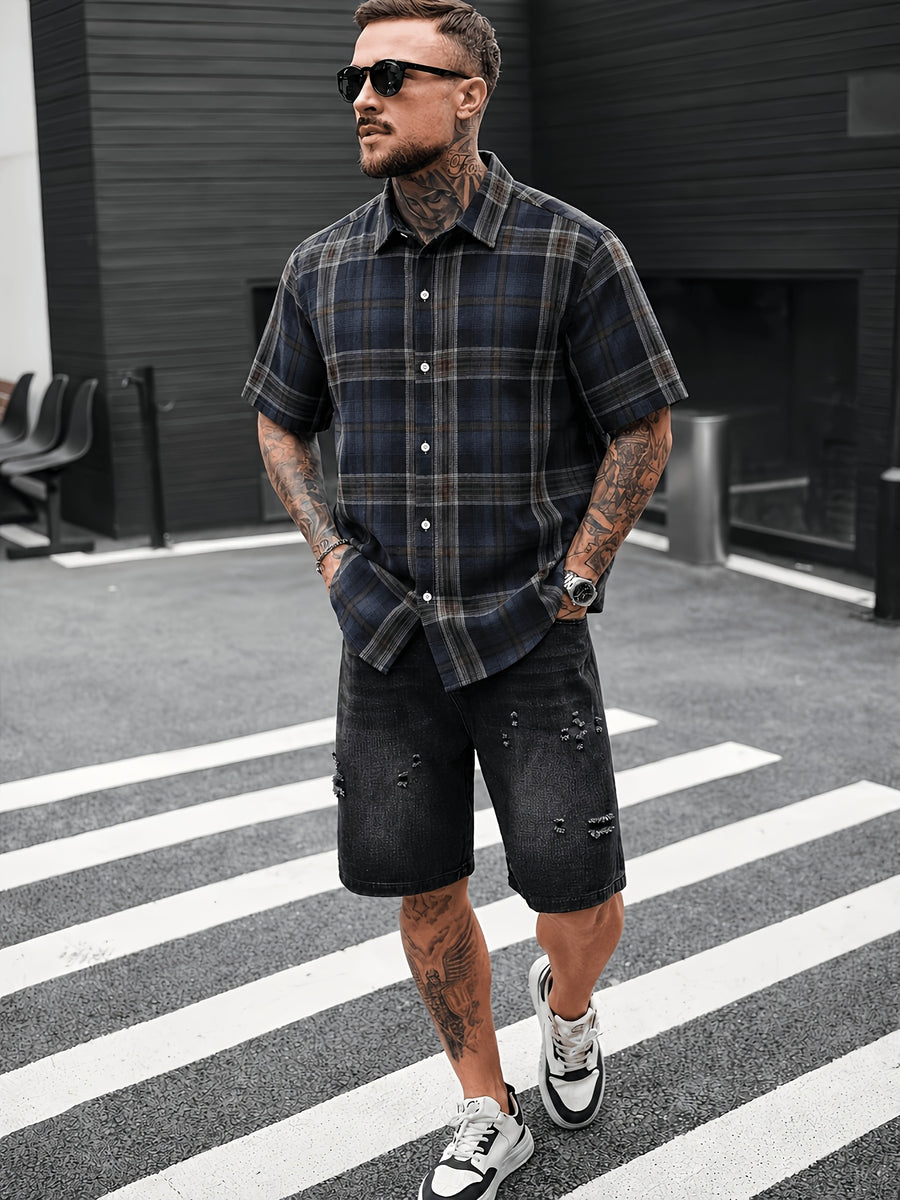 Men'S Plaid Flannel Front-Button Casual Short-Sleeve Shirt, Suitable for Dating Or As a Gift for Husband, Plaid Pattern, Suitable for Spring, Summer, Regular Fit, Button Design - Navy Color