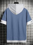 Men'S Color-Block Contrast Hooded Short Sleeve T-Shirt, English Letter Print, Short Sleeve Faux Two-Piece Streetwear, Trendy Fashion Versatile Street Casual Hong Kong Style Outfit, Casual Leisure All-Match T-Shirt, Suitable for Summer - Blue