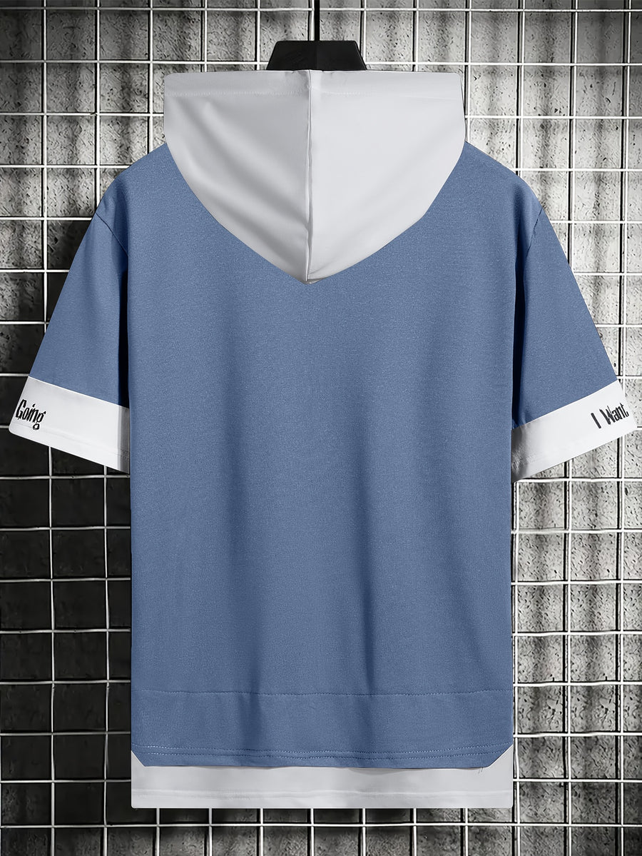 Men'S Color-Block Contrast Hooded Short Sleeve T-Shirt, English Letter Print, Short Sleeve Faux Two-Piece Streetwear, Trendy Fashion Versatile Street Casual Hong Kong Style Outfit, Casual Leisure All-Match T-Shirt, Suitable for Summer - Blue
