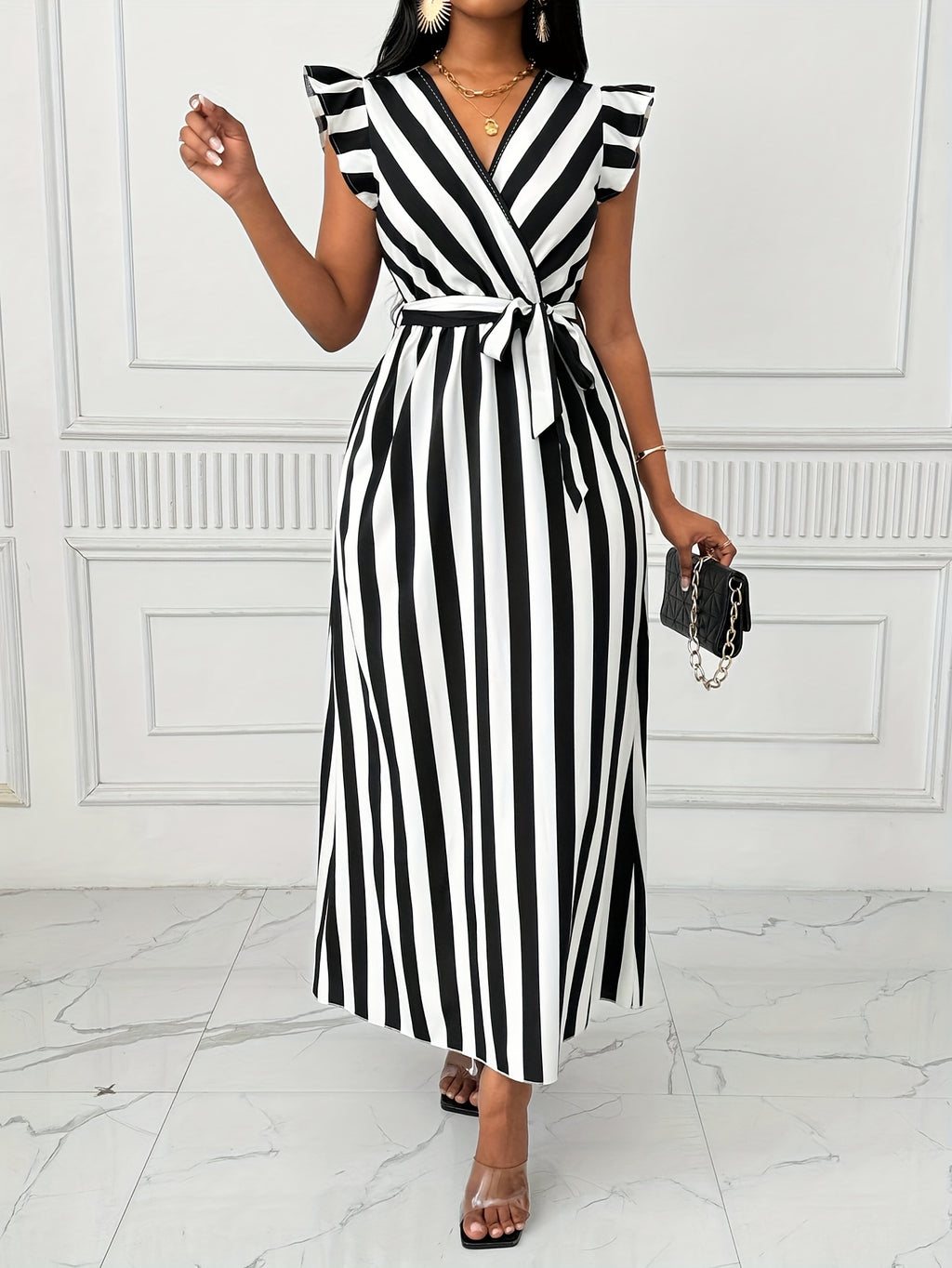 Women'S Striped Dress with Lotus Leaf Sleeves - Black