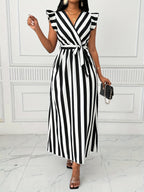 Women'S Striped Dress with Lotus Leaf Sleeves - Black