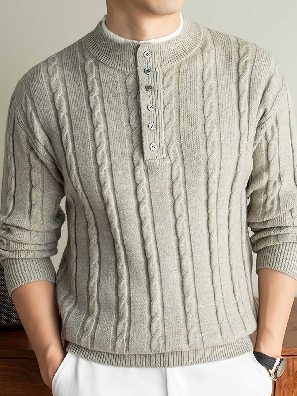 Men's 2-in-1 Look Henley Neck Cable Knit Sweater, Suitable for Commuting and Daily Wear, Ideal for Wearing Alone in Spring and Autumn, or as a Layering Piece in Winter. -SINBOS - Apricot Flower