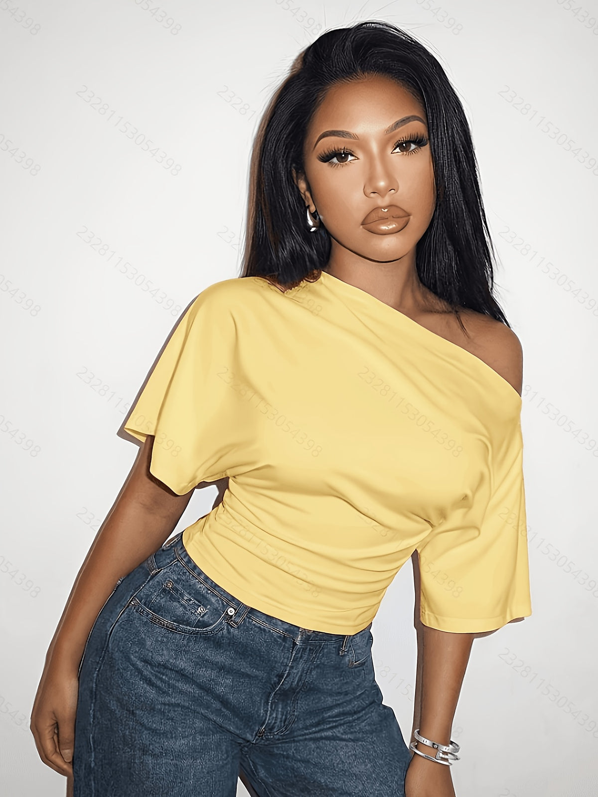 Women'S Summer Off-The-Shoulder Solid Color Short-Sleeved T-Shirt, Casual Basic Top - Golden