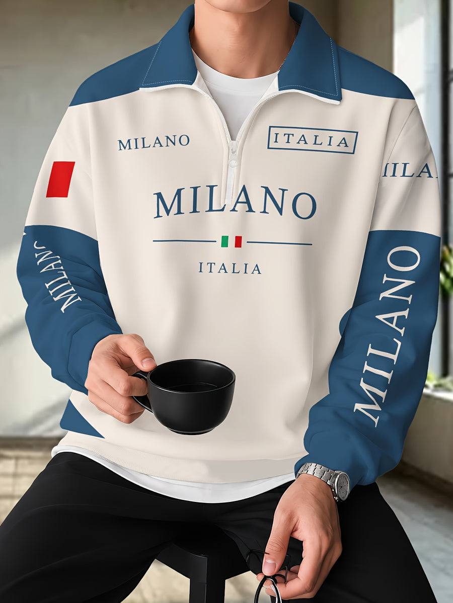Men'S Half-Zip Lapel Sweatshirt Fashion Letter Print Casual Pullover Trendy Color-Block Patchwork Spring/Autumn Athletic Top Winter Clothes for Men - Mix color 5