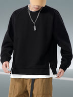 Autumn And Winter New Men'S Heavyweight 350G Fake Two-Piece Crew Neck Sweatshirt, Fashionable Raglan Sleeve Versatile Pullover, Loose Blend 67% + 33% Fiber Sports Sweatshirt - Black