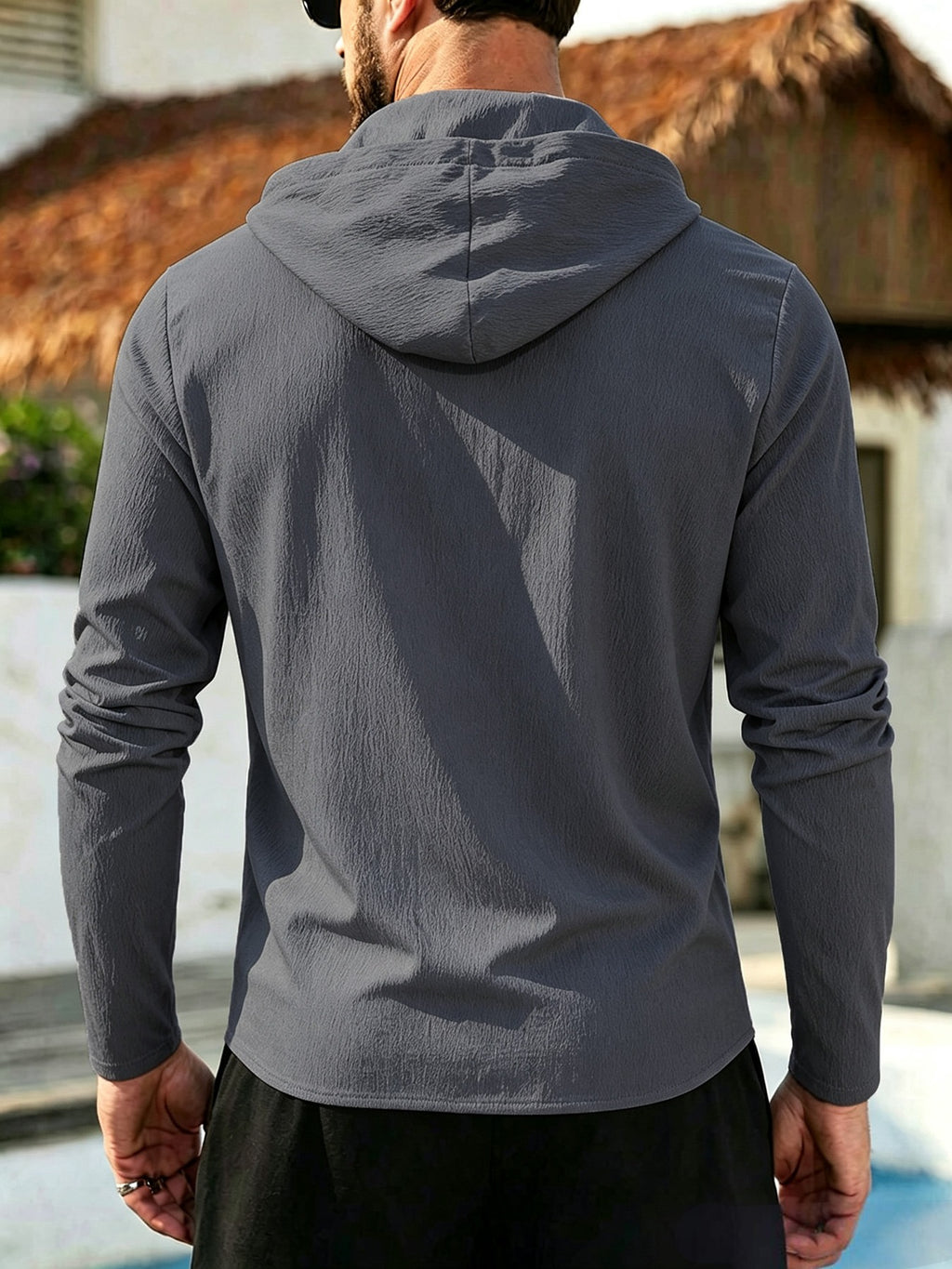 Men's Coconut Tree Print Hooded Long-Sleeve Shirt, Slightly Wrinkled Textured Casual Button-Up Cardigan, Summer Lightweight Breathable Vacation Top, Hawaiian Beach Jacket, Shirt Style + Hood with Drawstring, Suitable for Beach Trips, City Strolls - Dark Gray