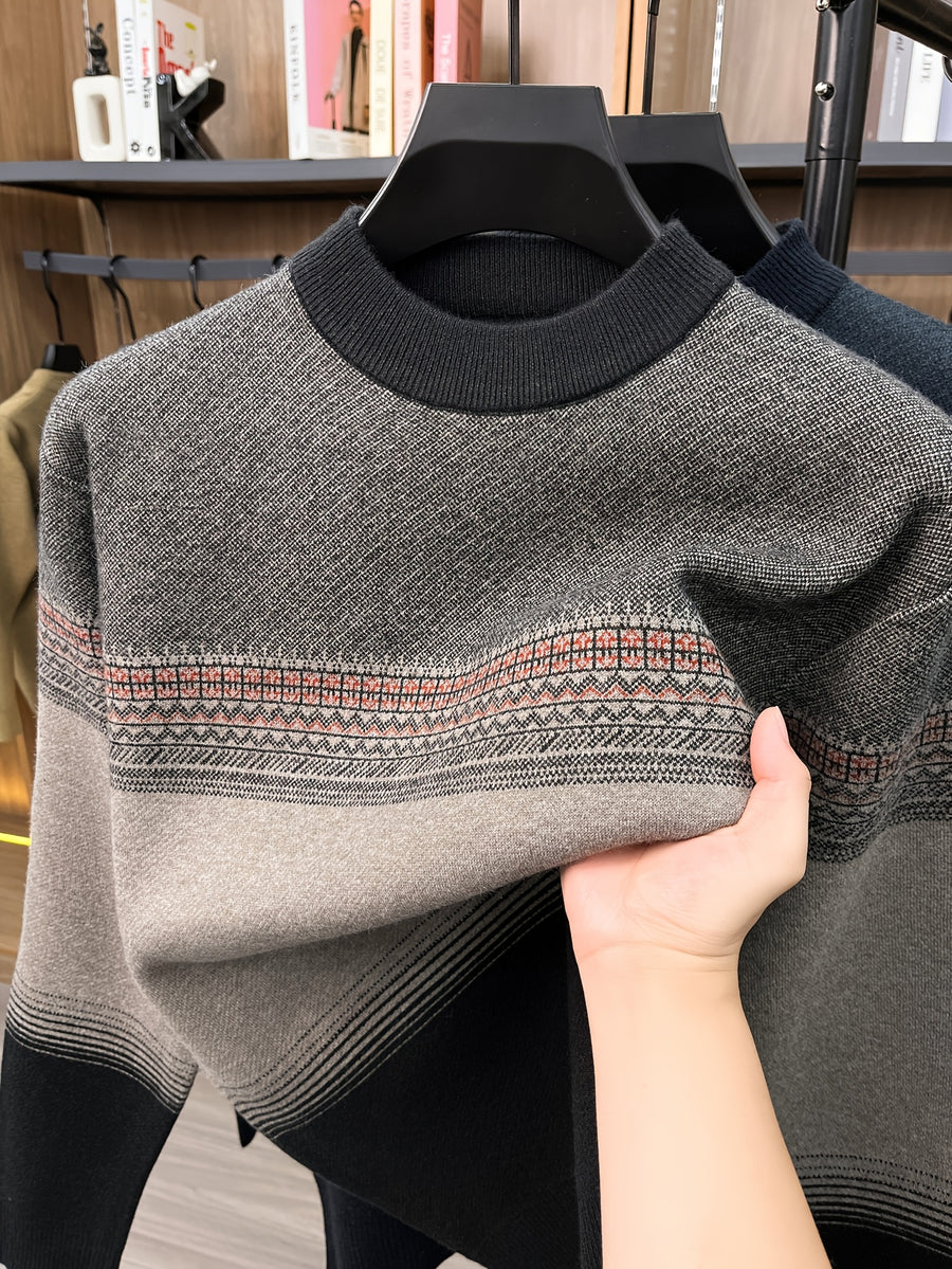 Men's Simple Knit Autumn/Winter Warm Color-Block Versatile Crew Neck Sweater - Camel