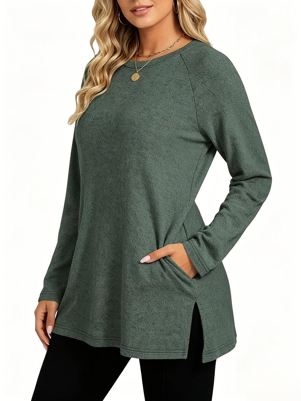 Women's Oversized Longline T-Shirt with Pockets - Loose-Fit Round Neck Long Sleeve -Compatible Basic Top, Solid Color Machine Washable - Casual Basic Wardrobe Staple for Layering & Casual Attire (No Transparency) - HempTeal