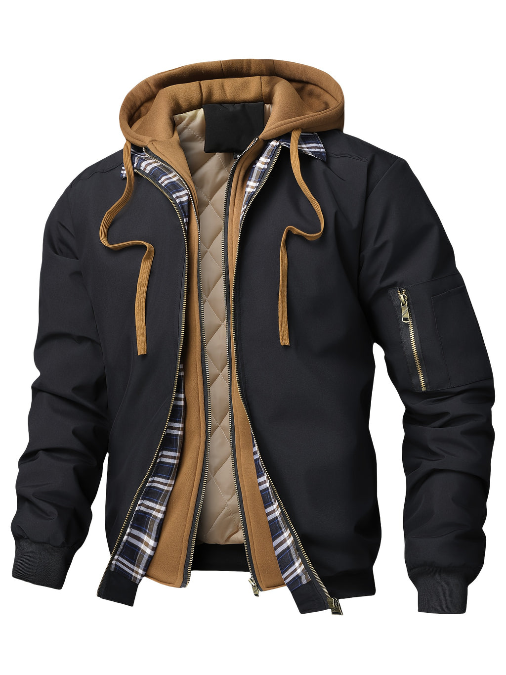 Spring Autumn Men'S Jacket Outerwear Plaid Hooded Cardigan Sports Casual Preppy Fashion - Black