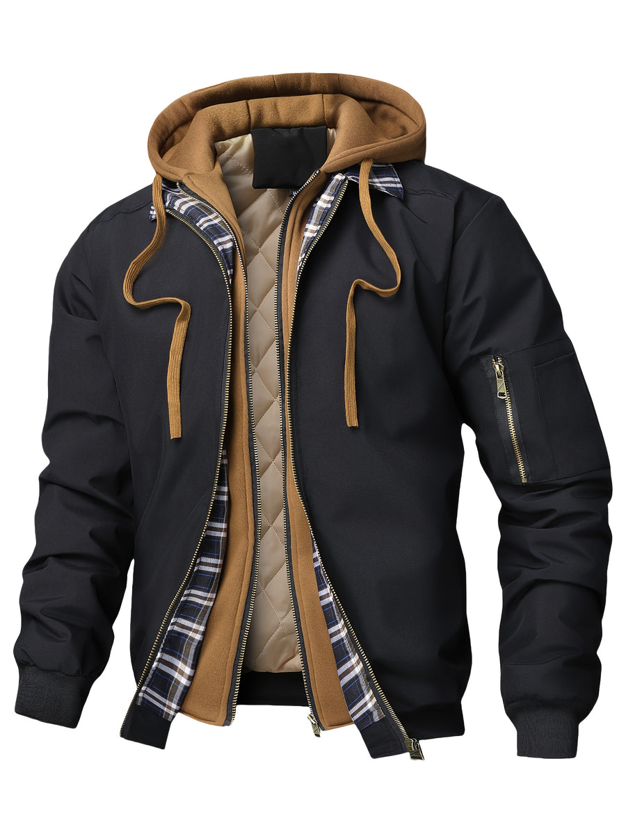 Spring Autumn Men'S Jacket Outerwear Plaid Hooded Cardigan Sports Casual Preppy Fashion - Black