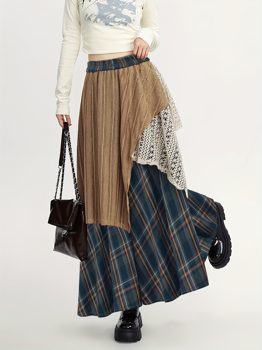 Autumn And Winter Midi Skirt Ankara Red Ethnic Style Women'S Elastic Waist Long Skirt Patchwork Irregular Color Block A-Line Skirt - Navy Color