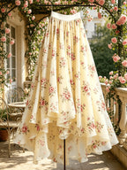 Women'S Lace Mesh Printed Half Skirt, Casual Flared Mesh Skirt - 【Light Yellow】