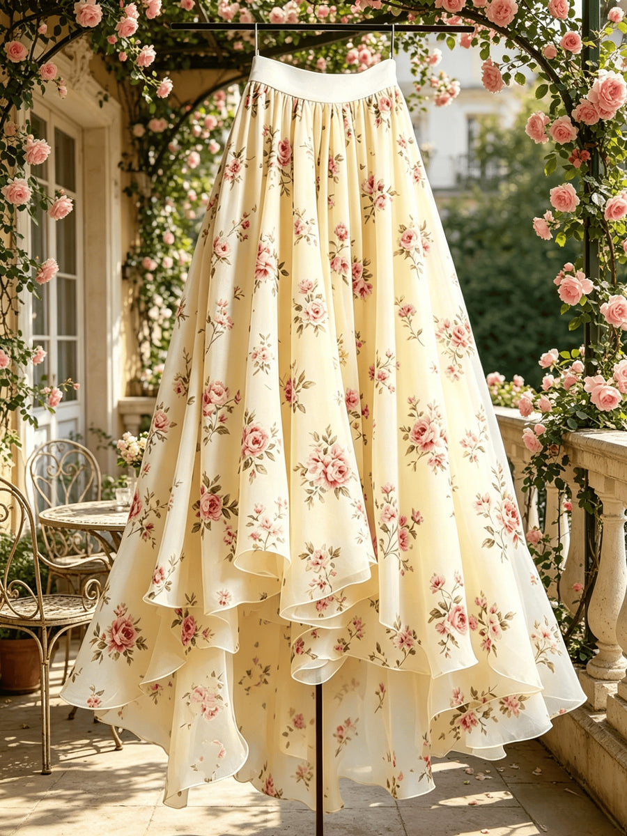 Women'S Lace Mesh Printed Half Skirt, Casual Flared Mesh Skirt - 【Light Yellow】