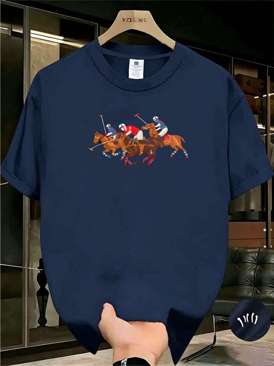 Polo Riding Multi-Person Equestrian Event Pattern Men'S T-Shirt, Outdoor Casual Sports Outing Trendy Loose Short Sleeve - Navy Color